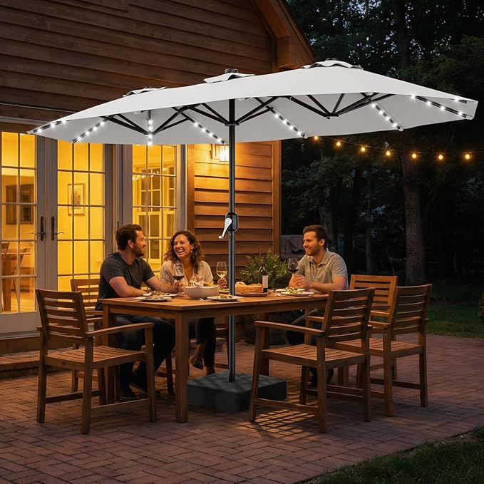 AreShark 13 FT Patio Umbrella with Solar Lights, Double-Sided Outdoor Table Umbrellas with Crank, Large Rectangular Market Umbrella for Porch, Lawn, Pool, Backyard, Light Gray