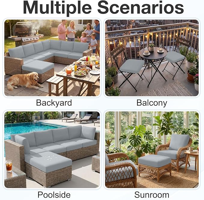 hyha Waterproof Outdoor Cushion Covers for Patio Furniture, Stretch Patio Chair Cushion Slipcovers, Coated UV Resistant Replacement Seat Covers, Solid Color (Grey, 4PC)