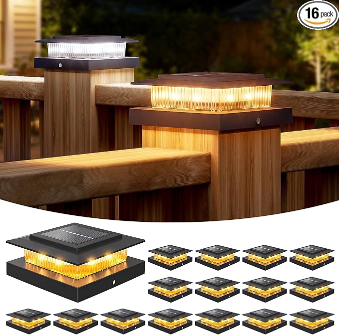 NIORSUN Solar Post Cap Lights Outdoor Waterproof, 4x4 Post Solar Lights 2 Color Modes, Fence Posts Solars Light for Deck Patio Garden Decoration, 4x4 Posts Caps Wood Vinyl, 16 Pack (Black)