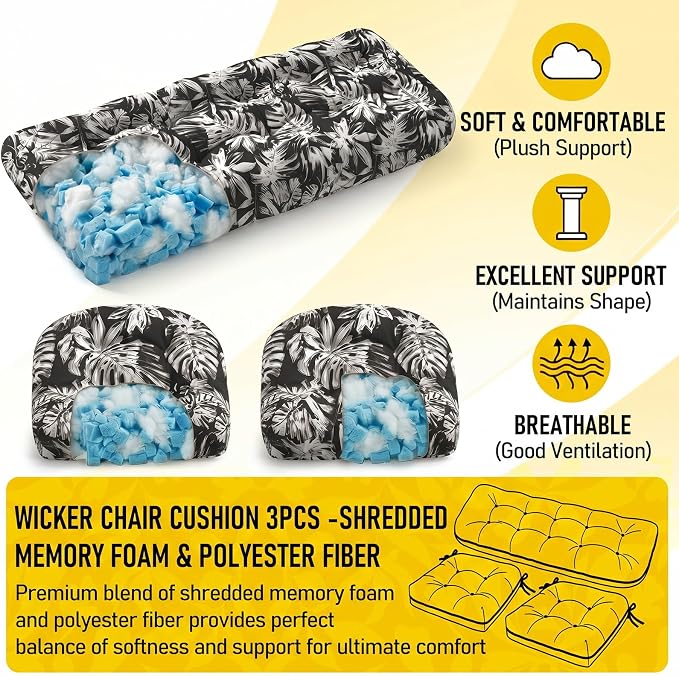 1 MIDDLE ONE Wicker Chair Cushions 3 Pieces Set for Outdoor Furniture, Replacement Patio Wicker Furniture Cushions, 1Pc Loveseat Cushion & 2Pcs Chair Cushions (Black Monstera)
