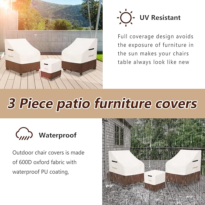 3 Pieces Patio Adirondack Chair Sets Covers,600D Waterproof Heavy Duty Patio Furniture Cover,Includes 2 Outdoor Adirondack Chair Covers and 1 Patio Side Table Cover,Beige&Brown