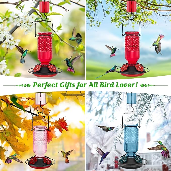 FEED GARDEN Glass Hummingbird Feeder for Outdoors, 16oz with Bee Guards & Ant Moat, Leak-Proof, Blue