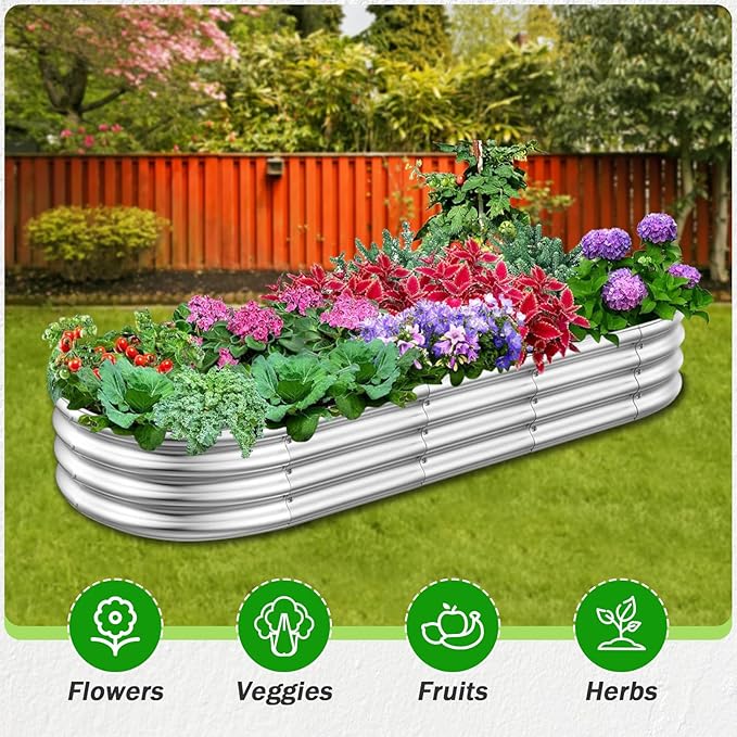 RAYKEEP Galvanized Raised Garden Beds, Outdoor Raised Garden Boxes, Oval Large Bottomless Metal Elevated Garden Bed Planter Box for Vegetables, Fruits, Flower (1pcs, 5x2x1 ft)