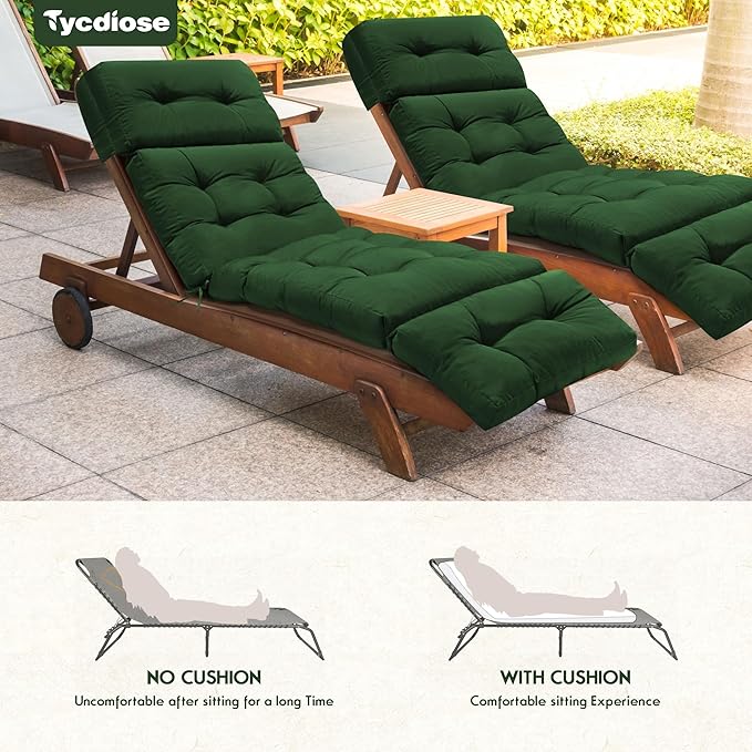 Outdoor Chaise Lounge Chair Cushion Waterproof 74.4 x 22 x 4.7 Inches Memory Foam Lounge Chair Cushions Replacement for Outdoor Furniture with Ties, Thickened Pool Lounge Chair Cushion, Green