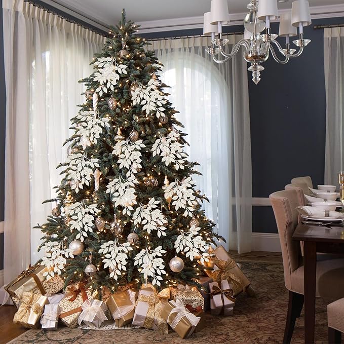 25.6" Christmas Glitter Leaves Stems, 5Pcs Artificial White Leaf Spray Leaf Picks Tall for Christmas Tree DIY Xmas Wreath Garland Arrangment Vase Bouquets Table Centerpieces Decoration Home Decor