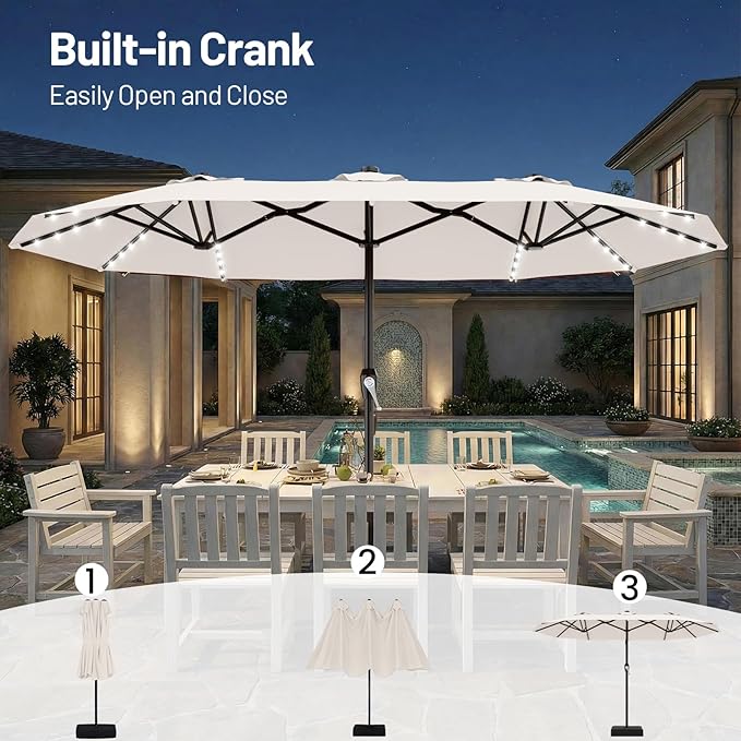 AreShark 15FT Patio Umbrella with Solar Lights, Double Sided Outdoor Table Umbrellas with Crank, Large Rectangular Market Umbrella for Porch, Lawn, Pool, Backyard, Cream-White