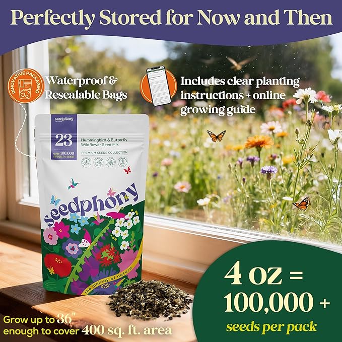 Seedphony 23 Wildflower Hummingbird & Butterfly Mix 4 oz - 100,000 Non-GMO Heirloom Wildflower Seeds for Planting Garden, Perennial Flowers to Attract Bees, Butterflies & Birds in Waterproof Packet