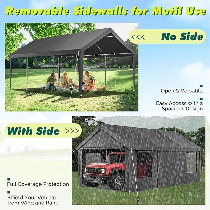 Velway Carport 12x20ft Heavy-Duty Canopy - Portable Garage Metal Carport Featuring Galvanized Frame Waterproof & UV-Protected Tarp with Removable Sidewalls & Doors for Car, Truck, Boat