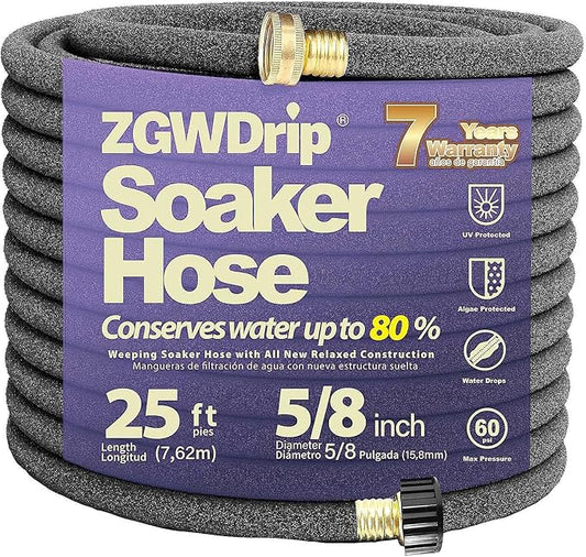25FT 5/8" Water-Saving Soaker Hose with Solid Brass Connectors, High-Flow Drip Irrigation for Lawn & Yard