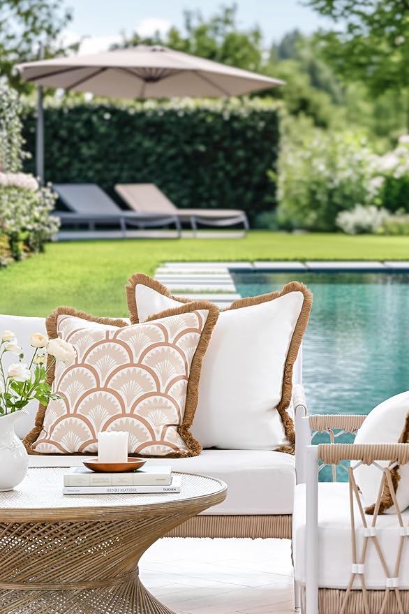 Hofdeco Premium Coastal Hampton Patio Indoor Outdoor Throw Pillow Cover Only, 22"x22" Water Repellent for Backyard, Couch, Poolside, White Neutral Tan Solid (Pack of 2)
