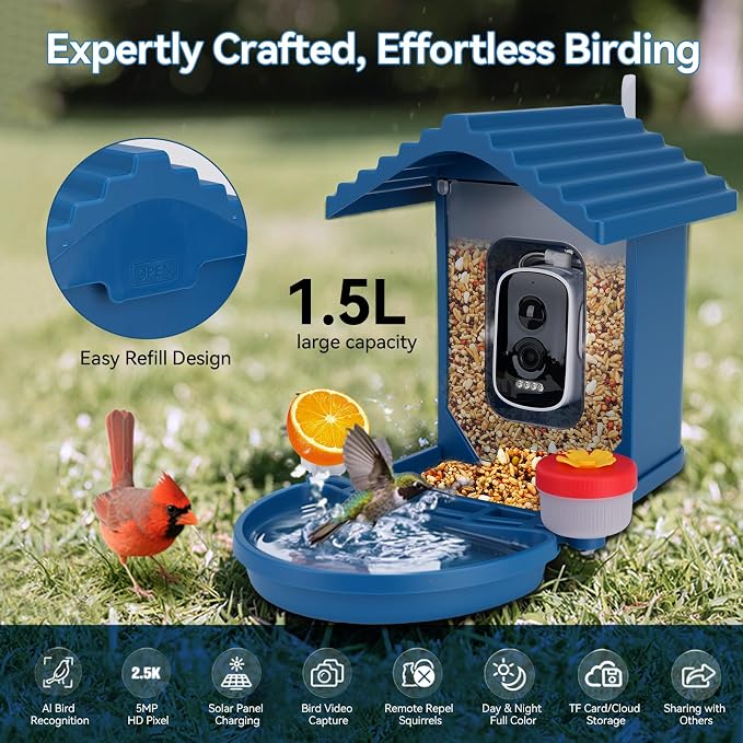 Bird Feeder with Camera Solar Powered,2.5K HD Video Bird House Live View,Smart AI Bird Species Identification for Outside Garden,Birds Bath,Ideal Gift for Birds Lover,Hummingbird (Blue) | Equipped with advanced night vision that captures clear footage ...