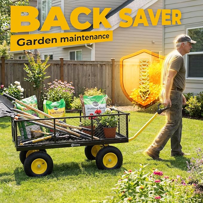Sekey 1400lbs Heavy Duty Steel Garden Cart for Farm & Construction, 7.7 Cu.Ft. Extra-Large Utility Wagon with Removable Sides, 2-in-1 Towable Handle, 13" Rubber Tires, Black