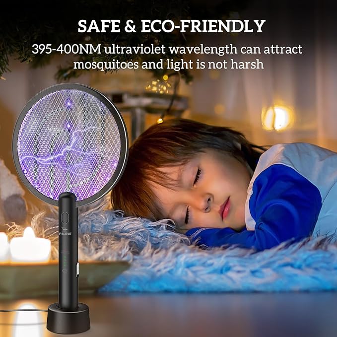 Electric Fly Swatter PALONE, 4000V Dual Modes Bug Zapper Racket, Mosquito Killer with Type-C Charging Dock, Insect Zapper with 3-Layer Safety Mesh Electric Fly Swatter for Indoor/Outdoor, Black 2 Pcs