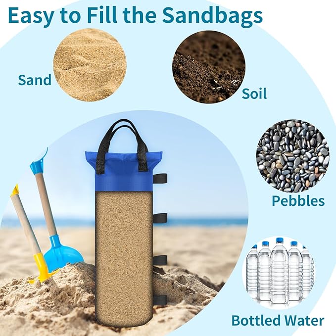4 Sand Bags for Weight, Heavy Duty Sandbags for Canopy Legs, Extra Large Pop Up Tent Weights, Canopy Weight Bags for Gazebo, Outdoor Sun Shelter, Umbrella - Blue, 6"×20", Without Sand