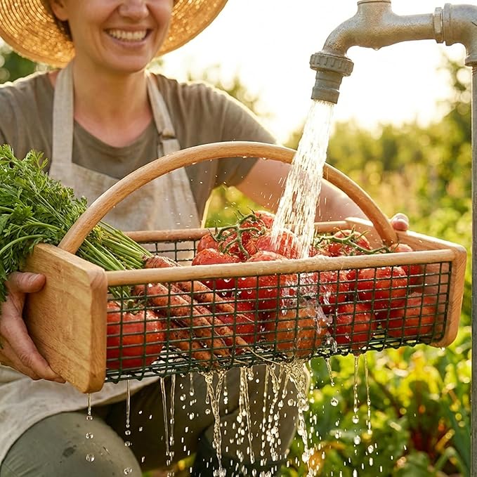 Beechwood Garden Hod for Harvesting, Premium Mesh Harvest Basket with Smooth Solid Wood Handle, Wire Picking Basket for Vegetables, Fruits & Flowers, Classic Garden Trug for Outdoor Rinse & Storage