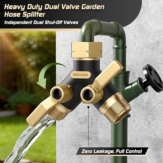 Hose Splitter 2 Way Heavy Duty,Garden Hose Splitter- Solid Brass Y Type with Dual Shut Off Valves,3/4" Standard Threads, Leak-Proof Dual Outlet Splitter for Sprinklers and Irrigation Systems