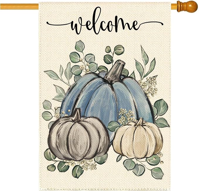 Fall Thanksgiving Blue Pumpkin Garden Flag 28 x 40 Inch, Autumn Grateful Eucalyptus Burlap Double Sided Welcome Large Flag Yard House Farmhouse Seasonal Holiday Patio Outside Decoration