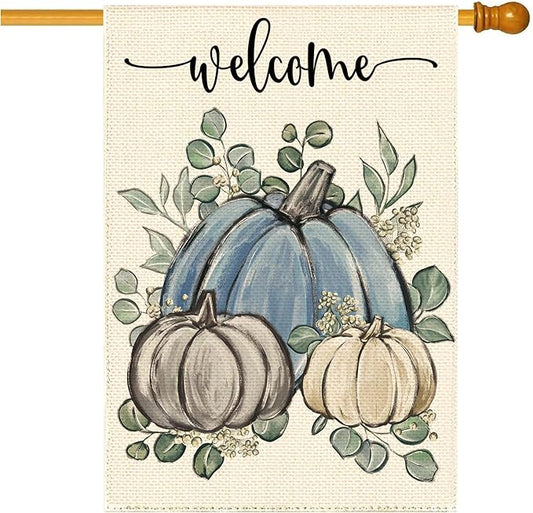 Fall Thanksgiving Blue Pumpkin Garden Flag 28 x 40 Inch, Autumn Grateful Eucalyptus Burlap Double Sided Welcome Large Flag Yard House Farmhouse Seasonal Holiday Patio Outside Decoration