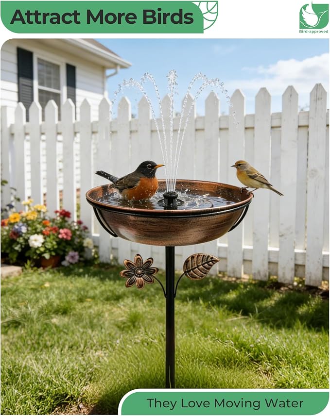 Metal Bird Bath with Solar Fountain - 12" Outdoor Birdbath Bowl + 6.3" Solar Pump with Battery LED Lights & with 4 Fixed Rods | Garden Bird Bath for Yard, Lawn, Patio, Flowing Water Feature