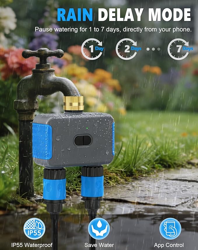 WiFi Sprinkler Timer, Smart Bluetooth Hose Timers, Water Timer for Garden Hose with APP, Digital Automatic Irrigation System Compatible with Alexa Google, for Outdoor Garden Lawn, 2 Outlet