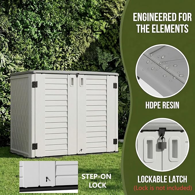Horizontal Resin Outdoor Storage Shed, 34 Cu. Ft Weatherproof Storage Cabinet, Easy Assembly, Outdoor Storage Box for Backyards, Garden, Pool, No Shelf Included (White)