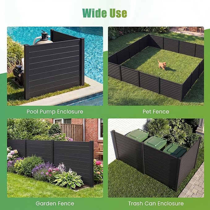 HAPPYGRILL Air Conditioner Fence 4 Panels, Outdoor Privacy Screen with Metal Stakes, No Dig Pool Equipment Enclosure, 48" x 38" Trash Can Screen Fence Kit for Outside Backyard, Black