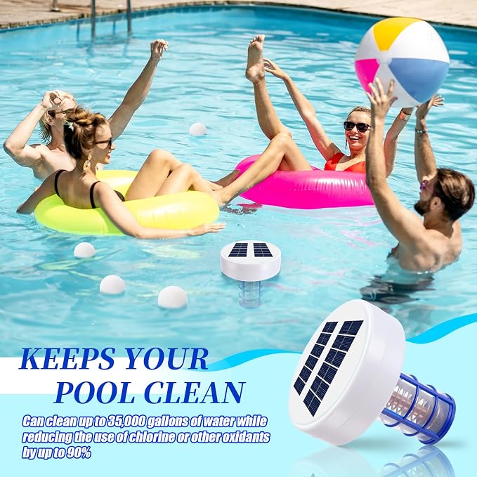 Qualirey Solar Pool Ionizer, Automatic Floating Copper Ionizer to Less Chlorine, Pool Water Purifier with LED Light & Scum Eliminating Balls, for Above Ground & Inground Pools up to 35, 000 Gallons