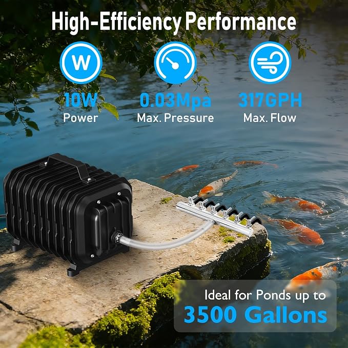 Pond Aerators for Outdoor Ponds, Air Pump for Pond up to 3500 Gallons, Complete Koi Fish Pond Aeration Kit, Oxygenation Bubbler Pump with Air Stones Airline Tubing Check Valves