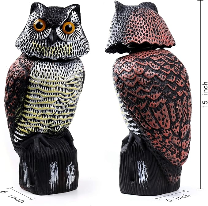 Hedoc 2 Pack Fake Owl Decoys to Scare Birds Away(15 inch), Rotating Head Sculptures, Nature Enemy Scarecrow Plastic Statues, Pest Repellent,Pigeon Deterrent Outdoor Yard, Garden Protectors