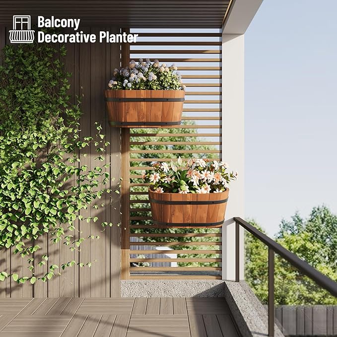 Hanging Wooden Flower Pots, Railing Planter for Any Balcony, Porch or Deck Countryside Style with Detachable Hooks for Garden Yard Home Decor (Brown)
