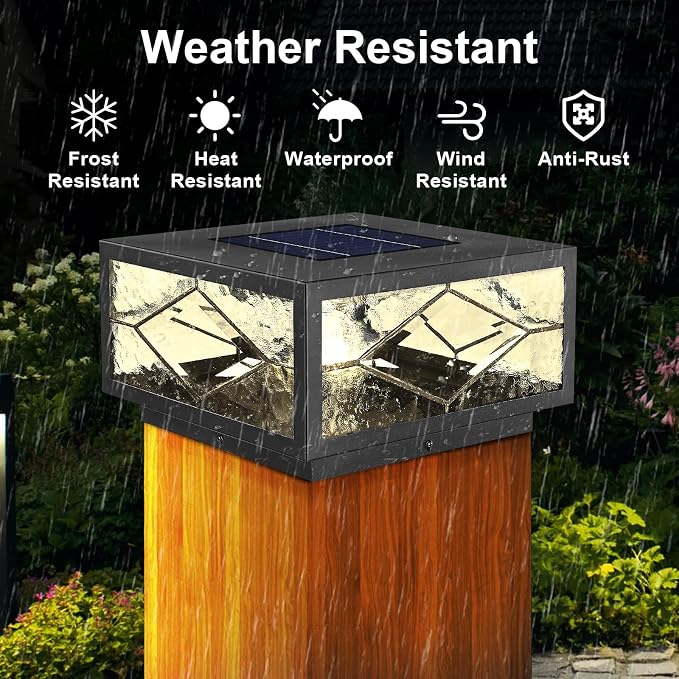 Solar Fence Post Lights Outdoor Waterproof LED with Remote Control, Solar Panel Powered Dusk to Dawn Cap Pillar Lighting, Waterproof Fence Post Cap Light for Deck Garden Patio Porch