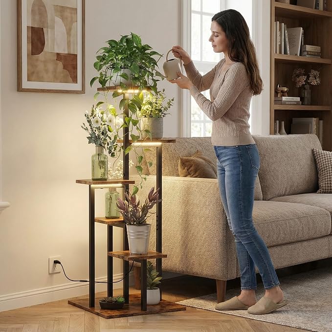 5 Tier Plant Stand Indoor with Grow Light for Multiple Plants | Corner Flower Stand with Vintage Design, Multi-Layer Plant Shelf, Sturdy Build, Ideal for Living Room & Indoor Plant Display