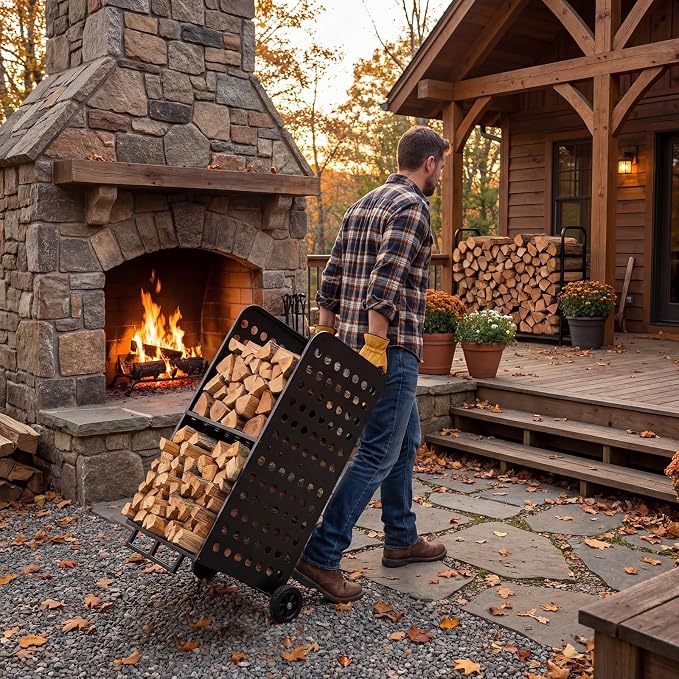 Firewood Rack Outdoor Heavy Duty 800lbs - Rolling Firewood Cart with Wheels, All Weather Fire Wood Storage Rack Indoor Outdoor