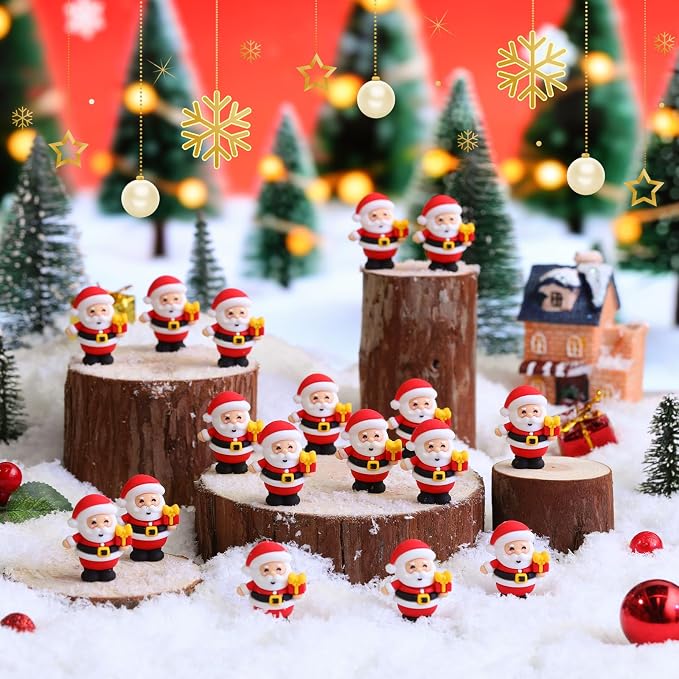 Chunful 50 Pcs Christmas in July Mini Santa Figurines Holding a Gift Tiny Santa Rubber Figure to Hide and Seek Small Statue Xmas Party Supplies Gifts for Xmas Fairy Garden Home Table Decor (Gift Box)