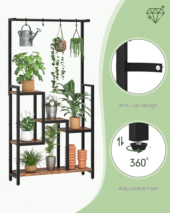 CHOEZON Plant Stand Indoor, 63" Tall Wooden Plant Shelf with Hanging Hooks and Staggered Tiers, Freestanding Flower Rack for Living Room, Balcony, Corner, Rustic Brown and Black TCJ41BF