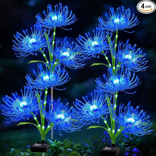 Solar Garden Flower Lights Outdoor, 4 Pack Blue Spider Lily Solar Lights with Glowing Stems, IP65 Waterproof LED Yard Decor for Patio Lawn Pathway, Mother's Day Valentine Gifts for Women Mom Grandma