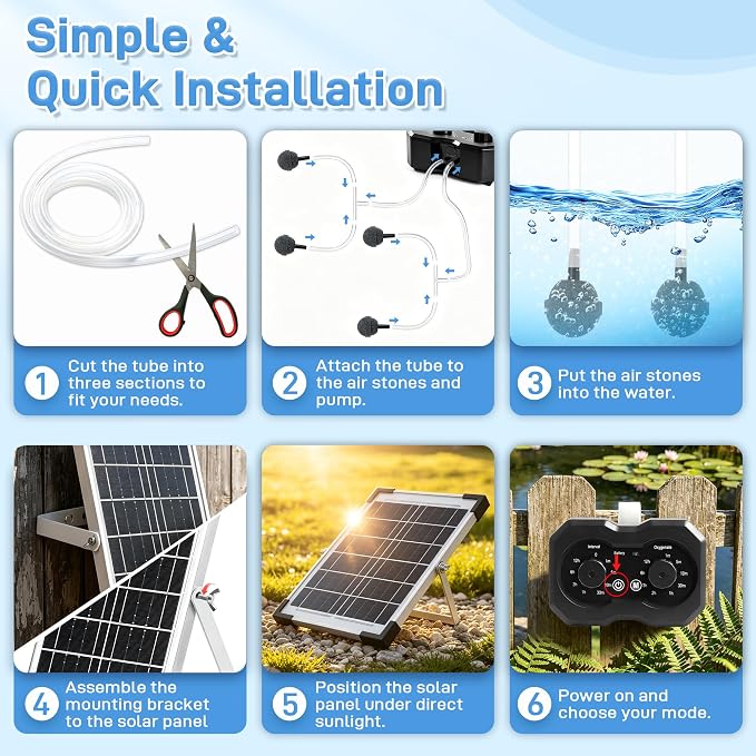 Yeomi 6W Solar Oxygen Pump, Solar Pond Aerator, Split Design Aquarium Oxygen Pump with Dual Air Ports, 5/10H Working Mode, Solar Aerator for Pond, Fish Tank, Aquarium, Hydroponics
