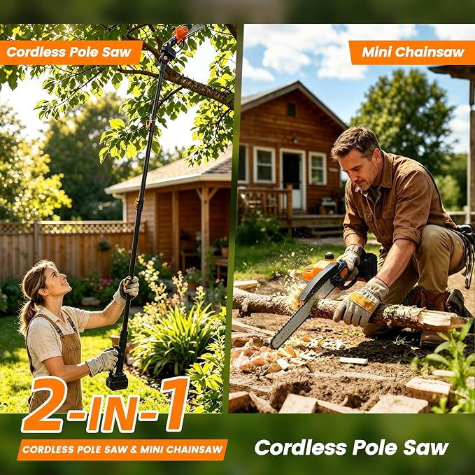 2-in-1 Cordless Pole Saw for Tree Trimming, 14FT Max Reach Extendable Battery Powered Pole Chainsaw with 8 Inch Mini Chainsaw, Dual 2.0Ah Batteries, Electric Pole Saws for Yard Pruning