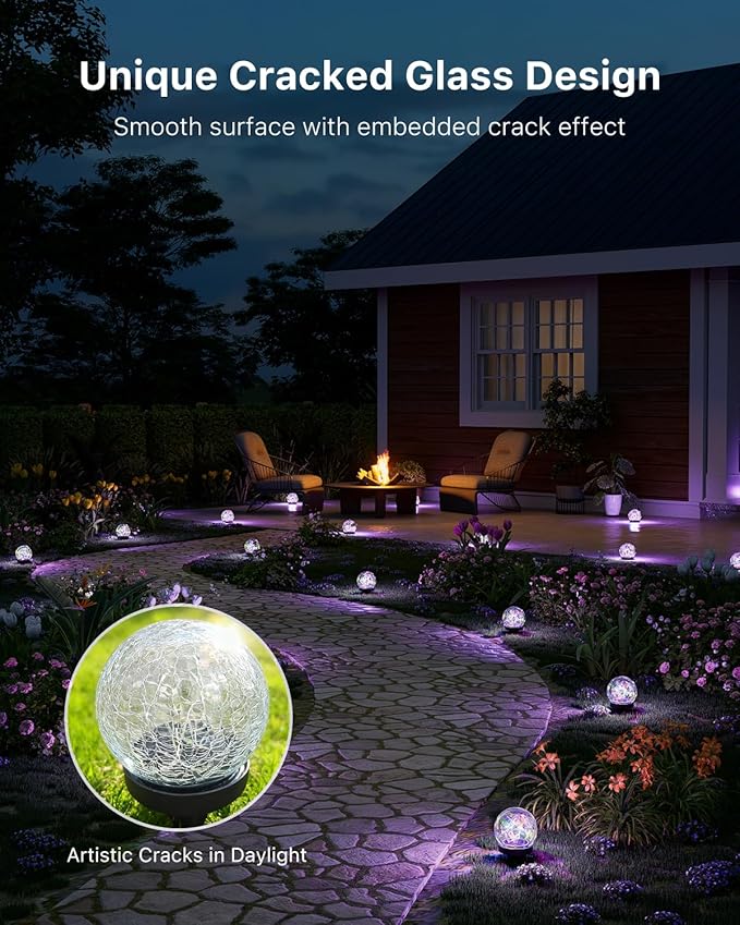 4 Pack Multicolor Solar Powered Cracked Glass Ball Lights Outdoor Waterproof LED RGB Ambiance Orbs Lamps for Outside Garden, Patio, Table, Walkway, Stairs, Lawn, Landscape Decor with Durable Stakes