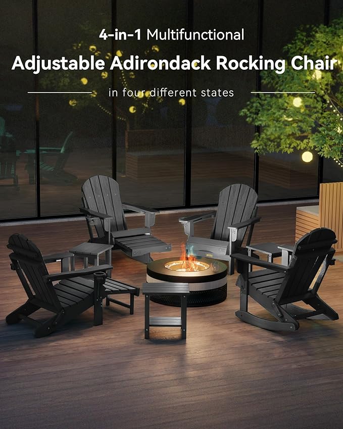 Adjustable Adirondack Rocking Chair with Retractable Ottoman, 4-in-1 Multifunctional Folding Patio Chair with Cup Holder, Outdoor Chair Wood Texture for Lawn, Porch, Backyard, Pool(Black)