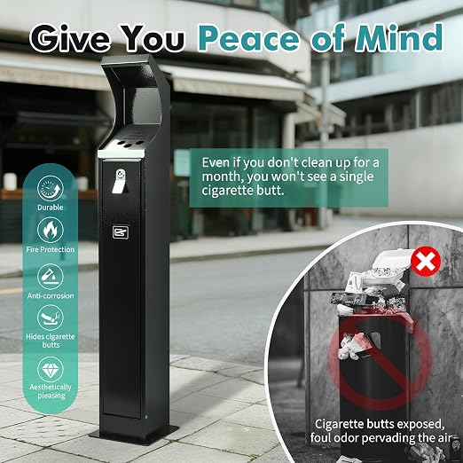 Commercial Trash Can Disposal Outdoor Heavy Duty Outdoor Vertical Trash Can Standing Rubbish Bin for Patios Gardens Hotels Pubs Offices(Black)