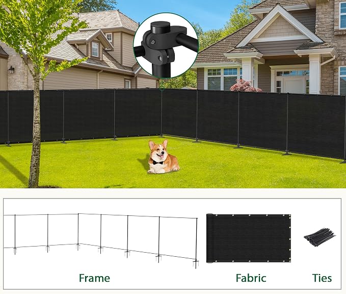 6'Hx100'W Outdoor Freestanding Privacy Screen Fence Panels with Iron Poles, Mesh Shade Net Cover Temporary Fencing for Patio Backyard Garden Deck, Black