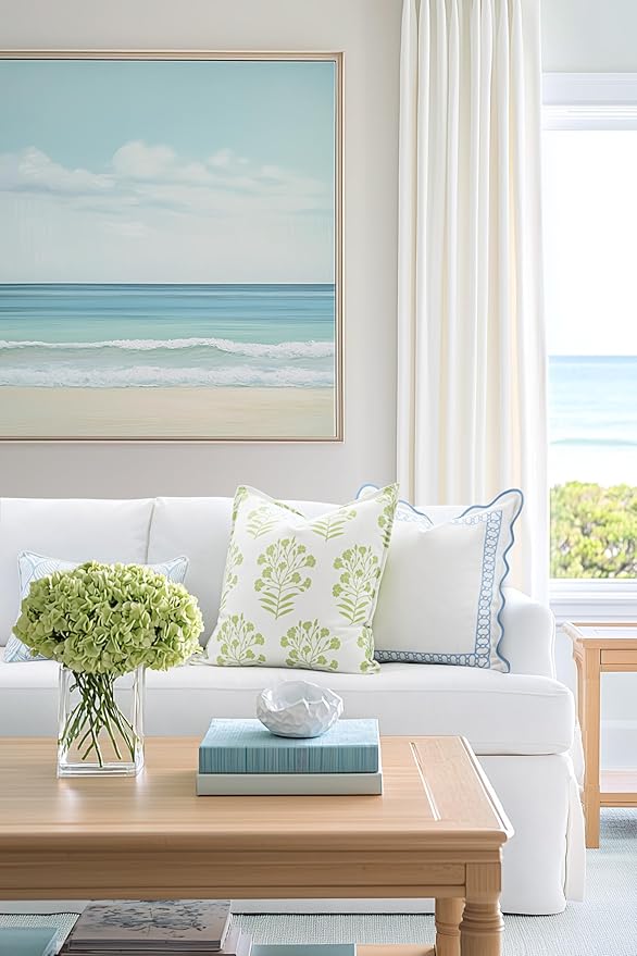 Hofdeco Premium Coastal Patio Indoor Outdoor Scalloped Throw Pillow Cover Only, 20"x20" Water Repellent for Backyard, Couch, Baby Blue Embroidered Begonia Pattern Chain Frame (Pack of 2)