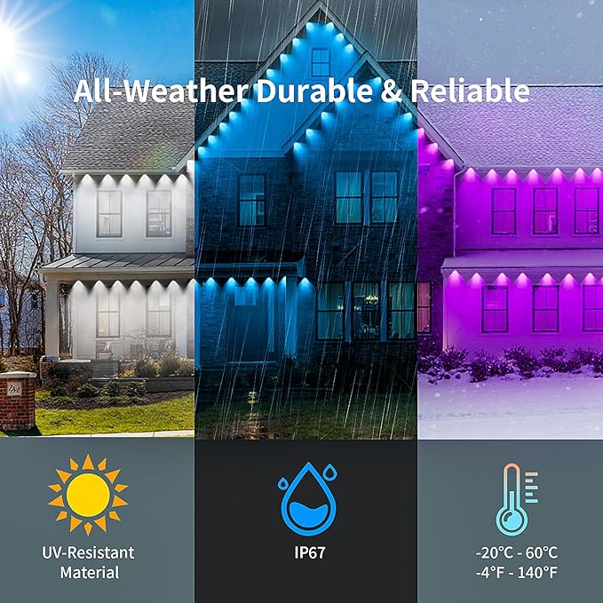 KSIPZE Permanent Outdoor Lights Waterproof IP67, Smart RGB+IC Eaves LED Lights with App & Button Control, 200+ Dynamic Scene Modes for House Roof, Garden, Christmas, Party Decor