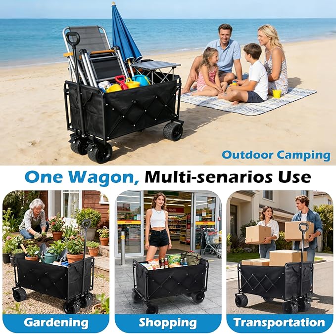 600LBS Beach Wagons Carts Foldable for Sand, Heavy Duty Collapsible Wagon with Brakes & All-Terrain Big Wheels, Large Foldable Folding Wagons for Beach Camp Sports Grocery, Portable
