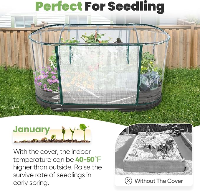KING BIRD Raised Garden Bed with Cover Galvanized Oval Planter Garden Box Outdoor for Gardening, Vegetables, Flowers, Clear