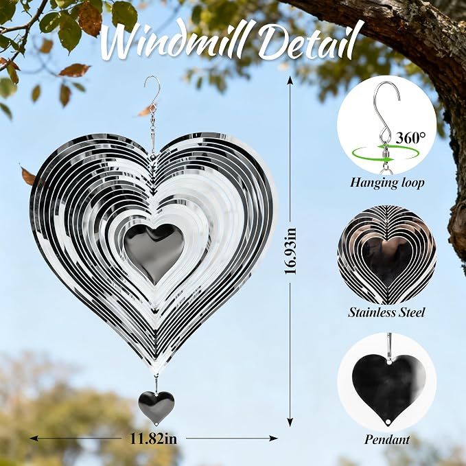 Wind Spinner Garden Decor, for Women, Gifts for Grandma and Mom, 3D Heart 12-Inch Stainless Steel Hanging Yard Spinner for Outdoor & Indoor Metal Decoration, 2 Pack