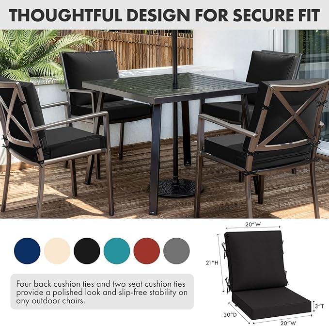 MIULEE Black Outdoor Dining Cushion 20x20 Inch Waterproof & 3 Year Color Fastness Deep Seat and Back Cushion for Patio Furniture Chair with Ties
