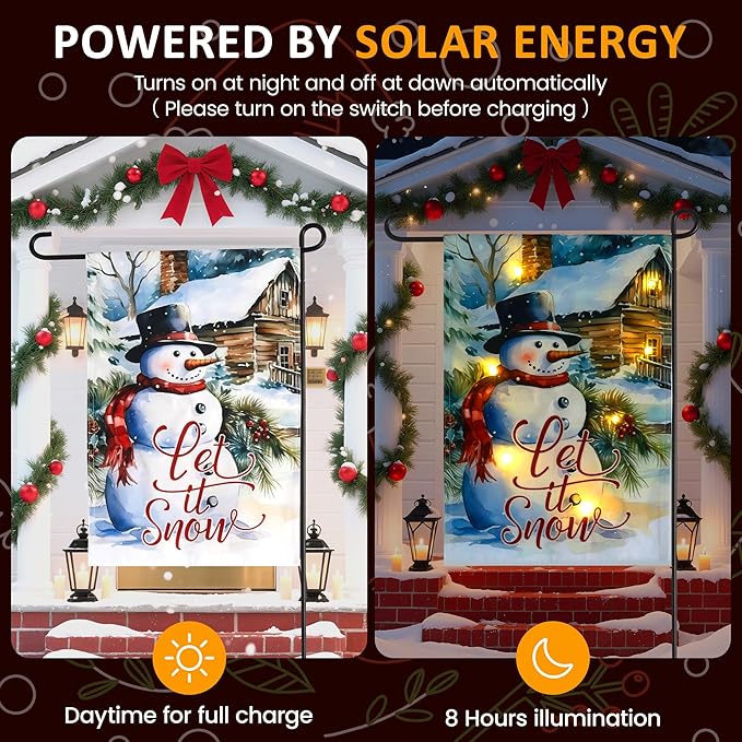 Christmas Garden Flag with Lights for Outdoor, 12x18 Snowman Double Sided Outdoor Flag, Led Solar Lighted Holiday Decoration, Winter House Yard Flags for Outside Lawn Porch Farmhouse Decor