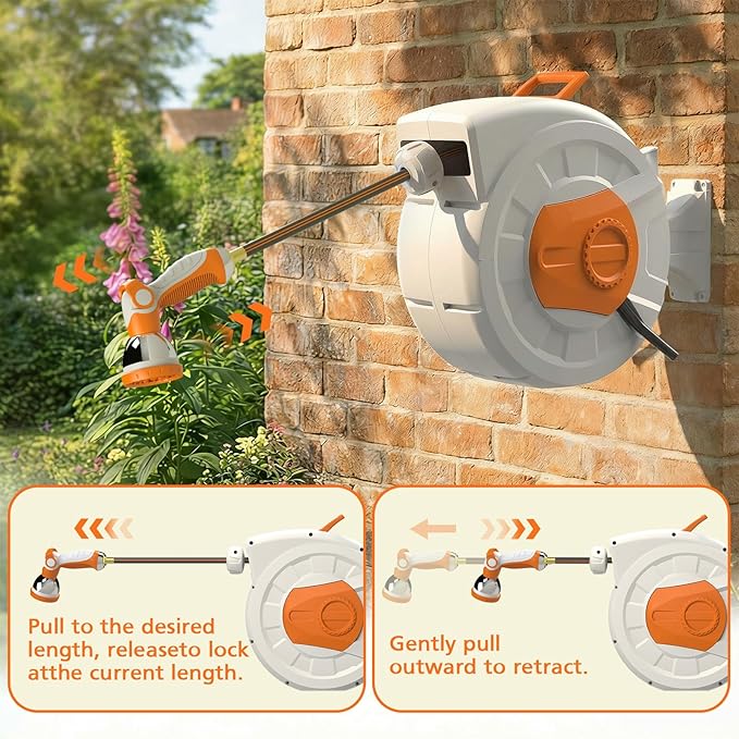 Garden Hose Reel 100ft, 1/2 Inch water hose, Wall Mounted and 180 Deg Swivel Bracket, Slow Retraction Any Length Lock 10 Spray Nozzle